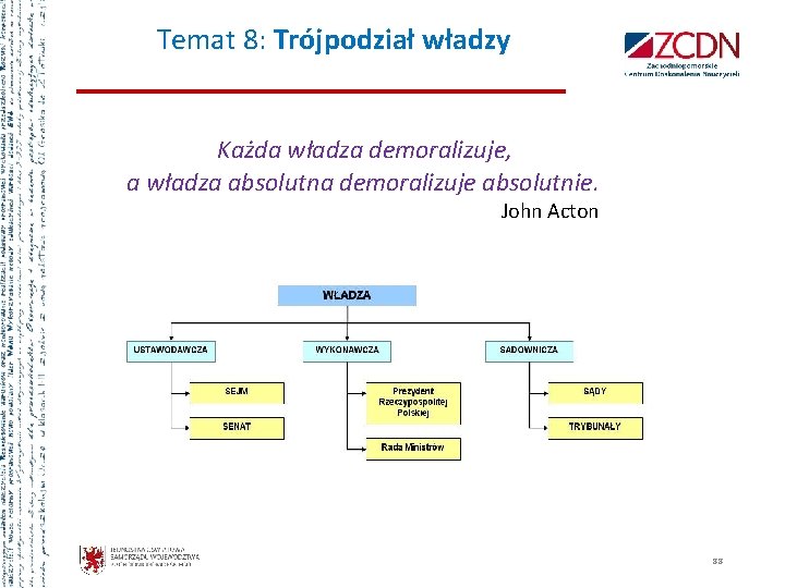 Temat 8: Trójpodział władzy Każda władza demoralizuje, a władza absolutna demoralizuje absolutnie. John Acton Temat 8: Trójpodział władzy Każda władza demoralizuje, a władza absolutna demoralizuje absolutnie. John Acton