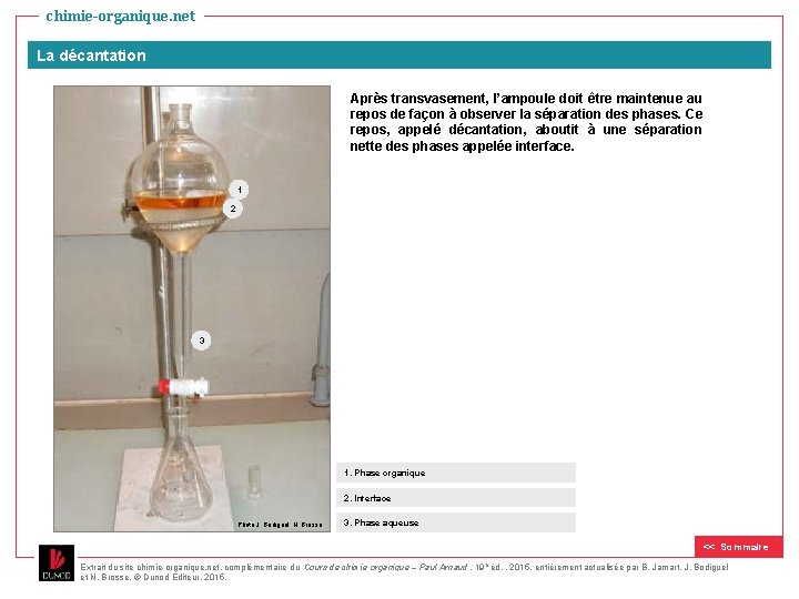 chimie-organique. net La décantation Après transvasement, l’ampoule doit être maintenue au repos de façon