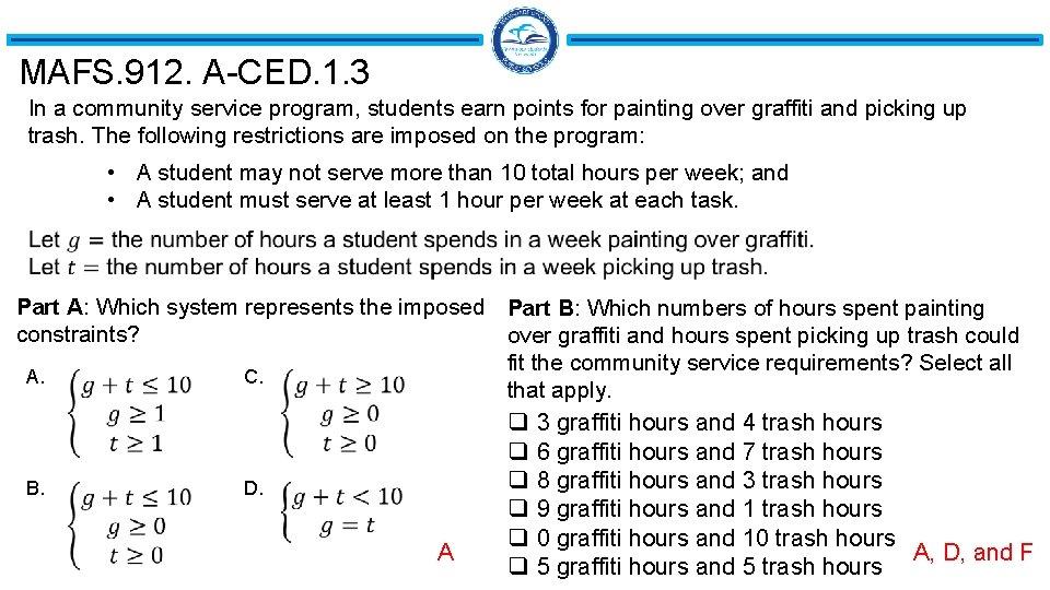 MAFS. 912. A-CED. 1. 3 In a community service program, students earn points for