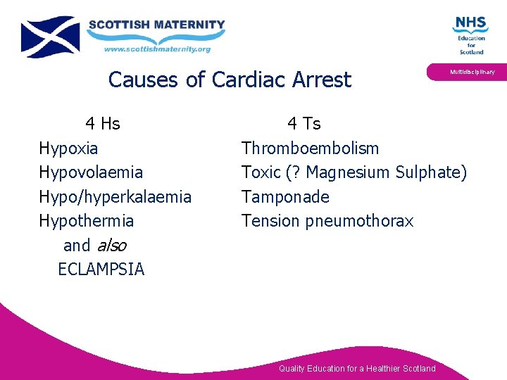 Causes of Cardiac Arrest 4 Hs Hypoxia Hypovolaemia Hypo/hyperkalaemia Hypothermia and also ECLAMPSIA Multidisciplinary
