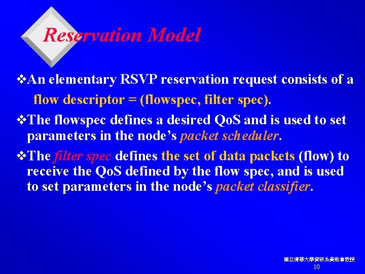 Reservation Model v. An elementary RSVP reservation request consists of a flow descriptor =