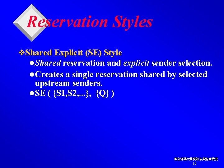 Reservation Styles v. Shared Explicit (SE) Style l Shared reservation and explicit sender selection.