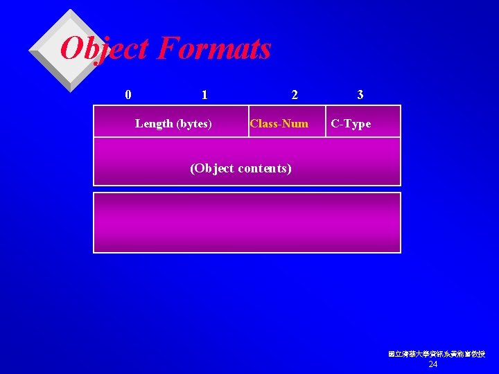 Object Formats 0 1 Length (bytes) 2 Class-Num 3 C-Type (Object contents) 國立清華大學資訊系黃能富教授 24