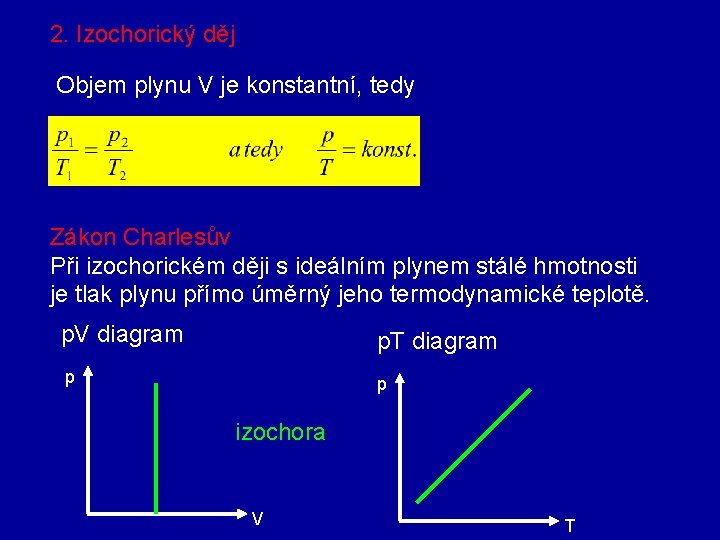 2. Izochorický děj Objem plynu V je konstantní, tedy Zákon Charlesův Při izochorickém ději