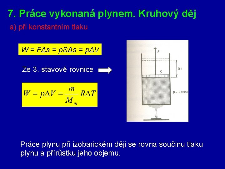 7. Práce vykonaná plynem. Kruhový děj a) při konstantním tlaku W = FΔs =