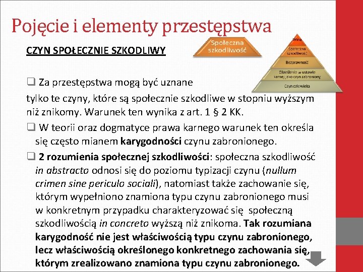 Pojęcie i elementy przestępstwa CZYN SPOŁECZNIE SZKODLIWY q Za przestępstwa mogą być uznane tylko