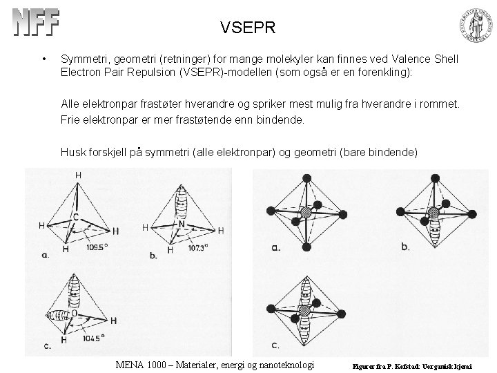 VSEPR • Symmetri, geometri (retninger) for mange molekyler kan finnes ved Valence Shell Electron
