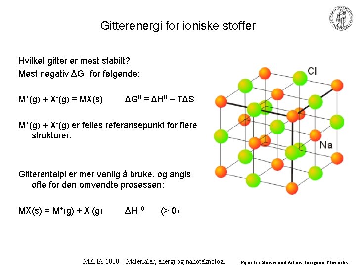 Gitterenergi for ioniske stoffer Hvilket gitter er mest stabilt? Mest negativ ΔG 0 for