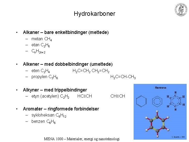 Hydrokarboner • Alkaner – bare enkeltbindinger (mettede) – metan CH 4 – etan C