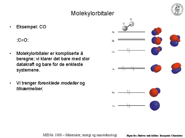 Molekylorbitaler • Eksempel: CO : C O: • Molekylorbitaler er kompliserte å beregne; vi