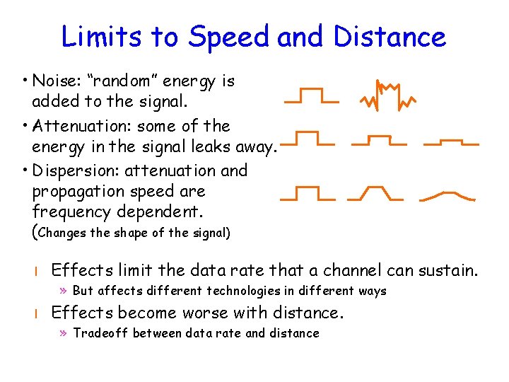 Limits to Speed and Distance • Noise: “random” energy is added to the signal.