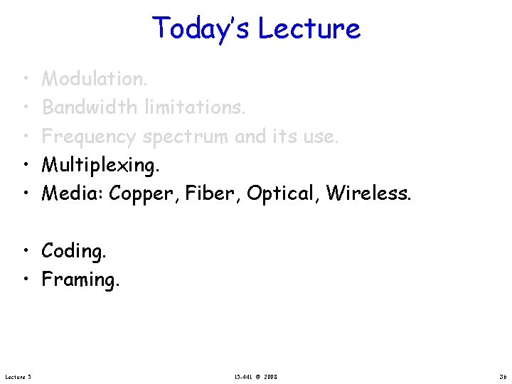 Today’s Lecture • • • Modulation. Bandwidth limitations. Frequency spectrum and its use. Multiplexing.