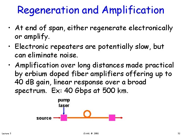 Regeneration and Amplification • At end of span, either regenerate electronically or amplify. •