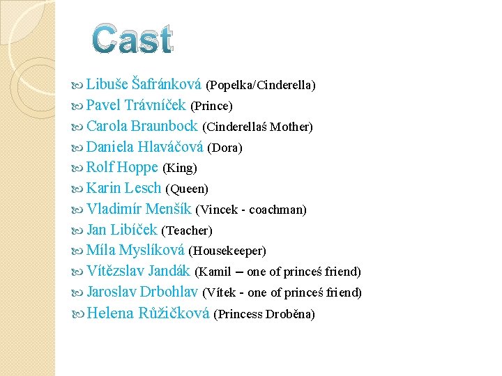 Cast Libuše Šafránková (Popelka/Cinderella) Pavel Trávníček (Prince) Carola Braunbock (Cinderellaś Mother) Daniela Hlaváčová (Dora)