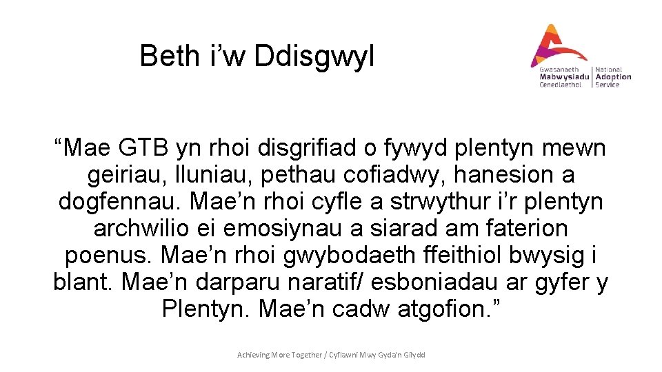 Beth i’w Ddisgwyl “Mae GTB yn rhoi disgrifiad o fywyd plentyn mewn geiriau, lluniau,