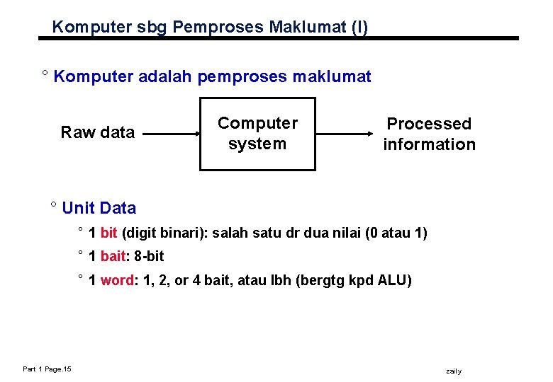 Komputer sbg Pemproses Maklumat (I) ° Komputer adalah pemproses maklumat Raw data Computer system