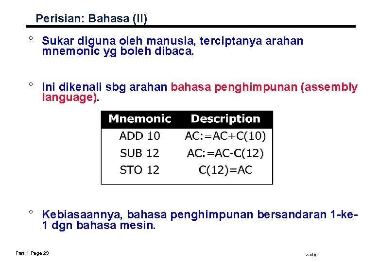 Perisian: Bahasa (II) ° Sukar diguna oleh manusia, terciptanya arahan mnemonic yg boleh dibaca.