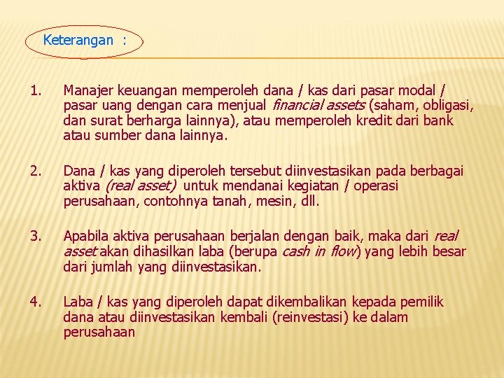 Keterangan : 1. Manajer keuangan memperoleh dana / kas dari pasar modal / pasar