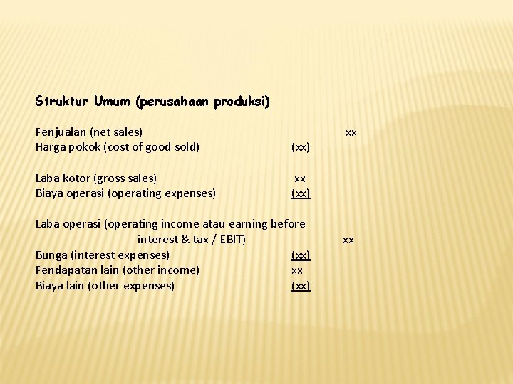 Struktur Umum (perusahaan produksi) Penjualan (net sales) Harga pokok (cost of good sold) (xx)