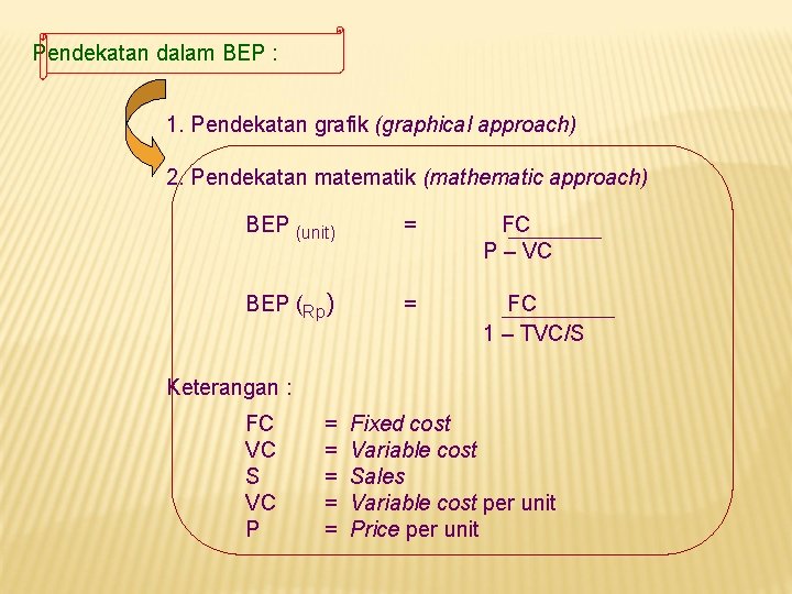 Pendekatan dalam BEP : 1. Pendekatan grafik (graphical approach) 2. Pendekatan matematik (mathematic approach)