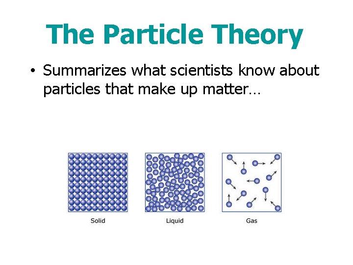 The Particle Theory • Summarizes what scientists know about particles that make up matter…