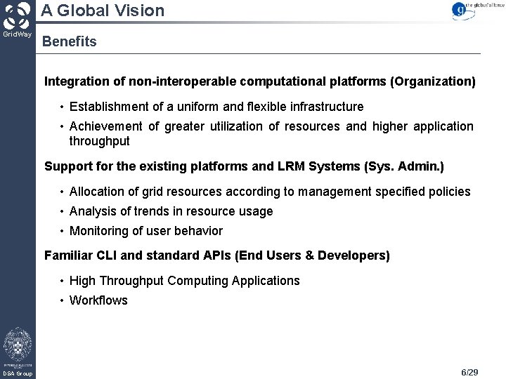 A Global Vision Grid. Way Benefits Integration of non-interoperable computational platforms (Organization) • Establishment