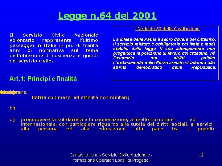 Legge n. 64 del 2001 L’articolo 52 della Costituzione Il Servizio Civile Nazionale volontario