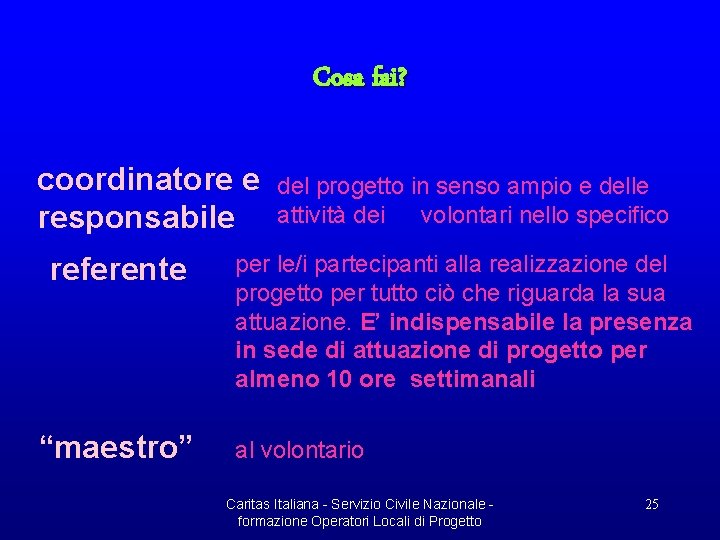 Cosa fai? coordinatore e responsabile referente “maestro” del progetto in senso ampio e delle