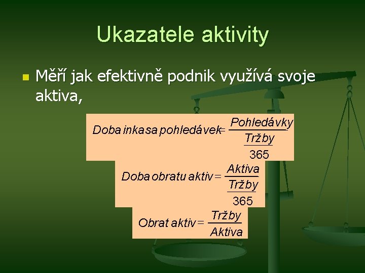 Ukazatele aktivity n Měří jak efektivně podnik využívá svoje aktiva, Pohledávky Tržby 365 Aktiva