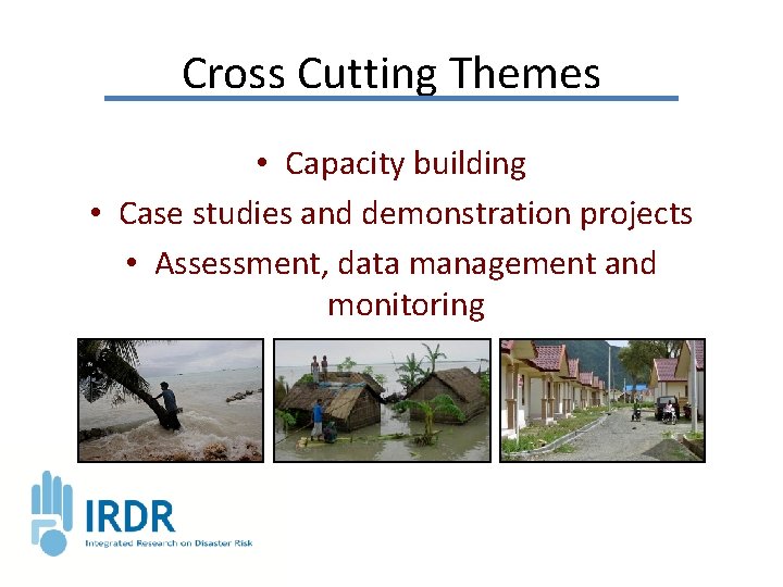 Cross Cutting Themes • Capacity building • Case studies and demonstration projects • Assessment,