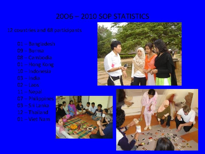 20 O 6 – 2010 SOP STATISTICS 12 countries and 68 participants 01 –