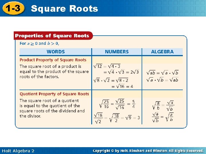 1 -3 Square Roots Holt Algebra 2 