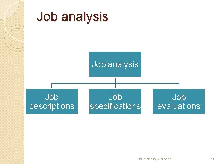 Job analysis Job descriptions Job specifications Job evaluations hr planning: dbthapa 23 