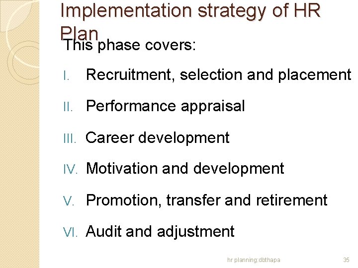 Implementation strategy of HR Plan This phase covers: I. Recruitment, selection and placement II.