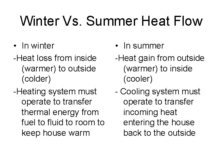 Winter Vs. Summer Heat Flow • In winter -Heat loss from inside (warmer) to