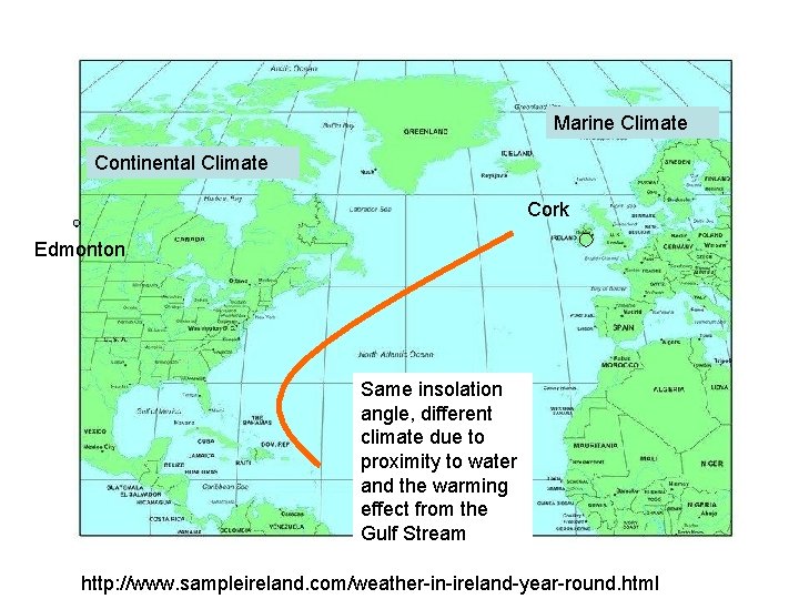Marine Climate Continental Climate Cork Edmonton Same insolation angle, different climate due to proximity