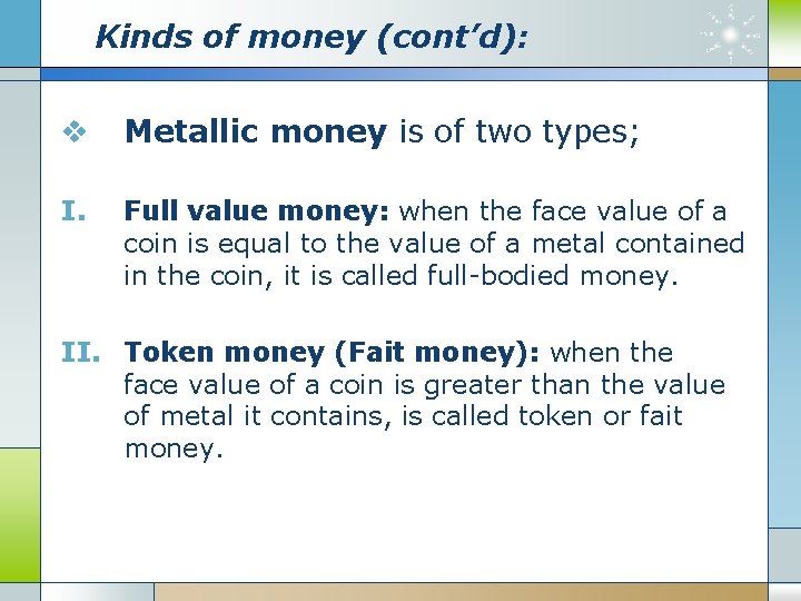 Kinds of money (cont’d): v Metallic money is of two types; I. Full value Kinds of money (cont’d): v Metallic money is of two types; I. Full value