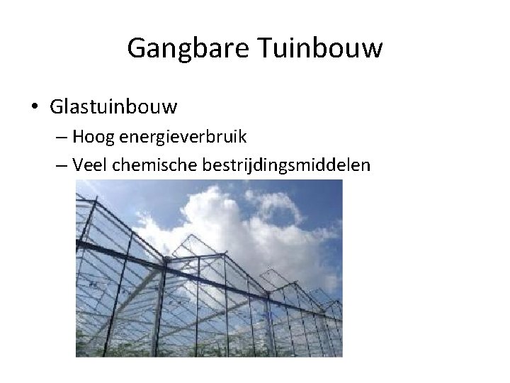 Gangbare Tuinbouw • Glastuinbouw – Hoog energieverbruik – Veel chemische bestrijdingsmiddelen 