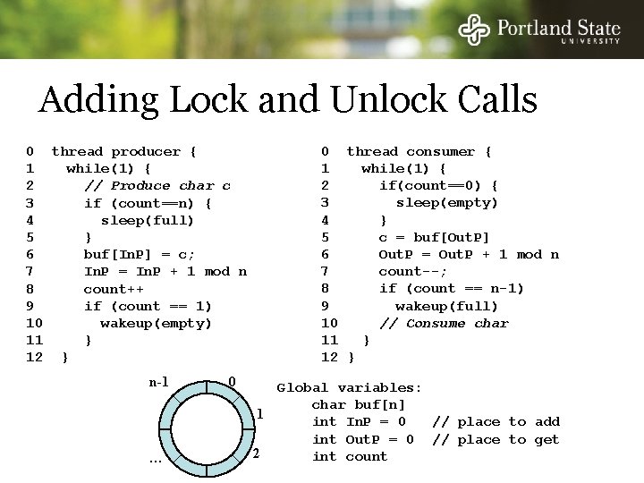 Adding Lock and Unlock Calls 0 thread producer { 1 while(1) { 2 //