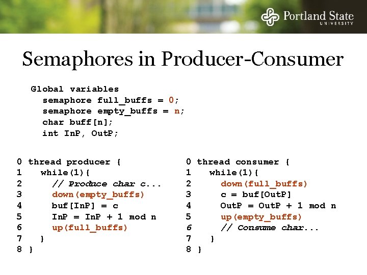 Semaphores in Producer-Consumer Global variables semaphore full_buffs = 0; semaphore empty_buffs = n; char