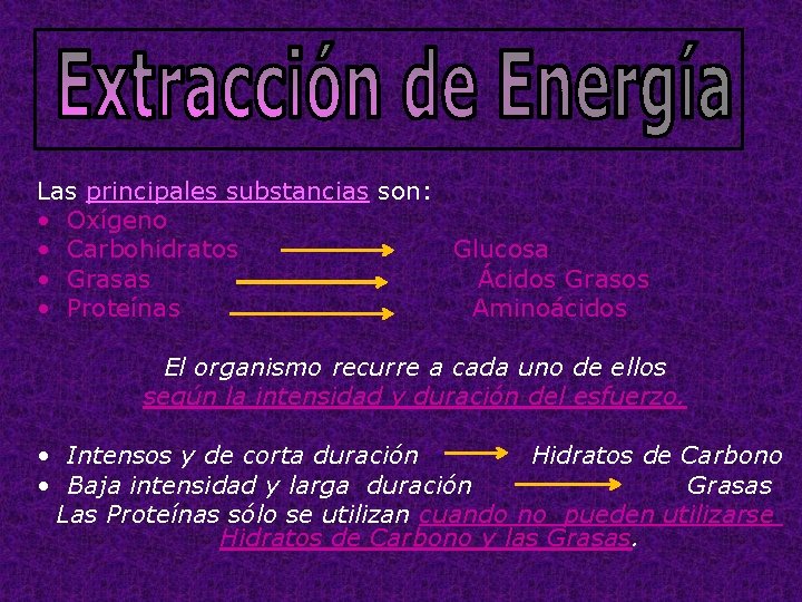 Las principales substancias son: • Oxígeno • Carbohidratos Glucosa • Grasas Ácidos Grasos •