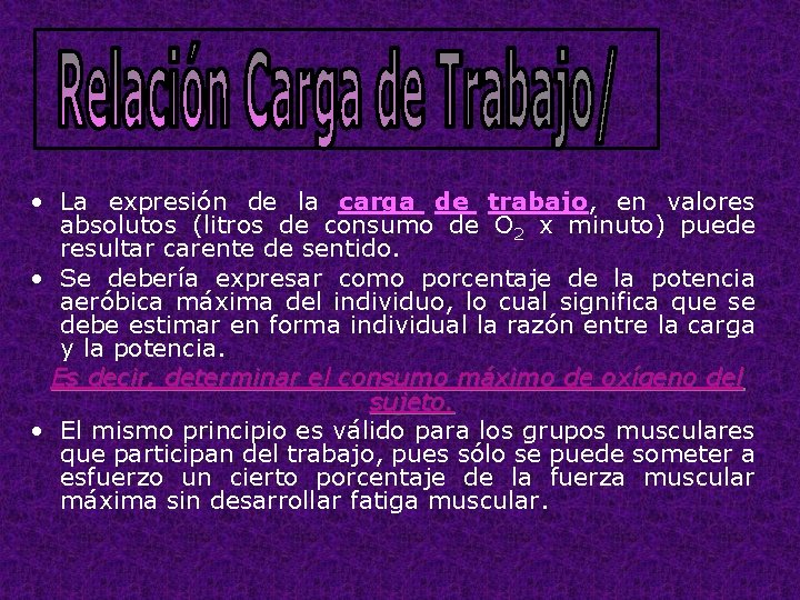  • La expresión de la carga de trabajo, en valores absolutos (litros de