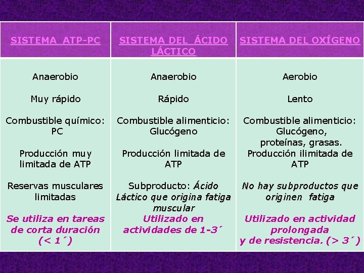 SISTEMA ATP-PC SISTEMA DEL ÁCIDO LÁCTICO SISTEMA DEL OXÍGENO Anaerobio Aerobio Muy rápido Rápido