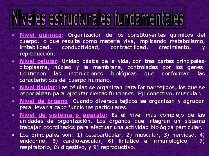  • Nivel químico: Organización de los constituyentes químicos del cuerpo, lo que resulta