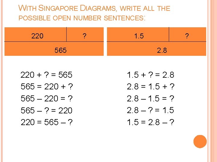 WITH SINGAPORE DIAGRAMS, WRITE ALL THE POSSIBLE OPEN NUMBER SENTENCES: 220 ? 565 220 WITH SINGAPORE DIAGRAMS, WRITE ALL THE POSSIBLE OPEN NUMBER SENTENCES: 220 ? 565 220