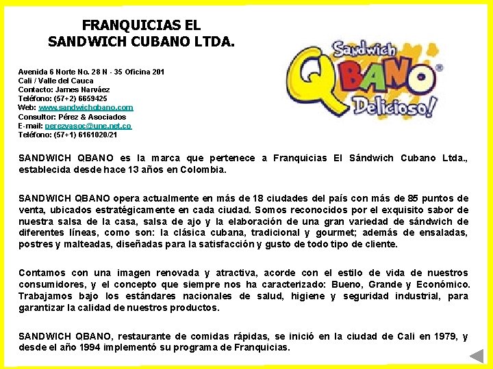 FRANQUICIAS EL SANDWICH CUBANO LTDA. Avenida 6 Norte No. 28 N - 35 Oficina FRANQUICIAS EL SANDWICH CUBANO LTDA. Avenida 6 Norte No. 28 N - 35 Oficina