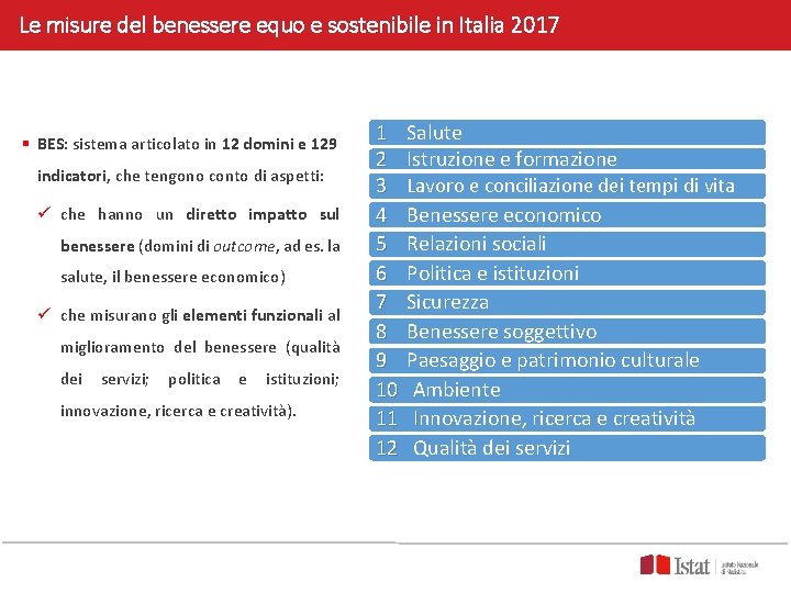 Le misure del benessere equo e sostenibile in Italia 2017 § BES: sistema articolato