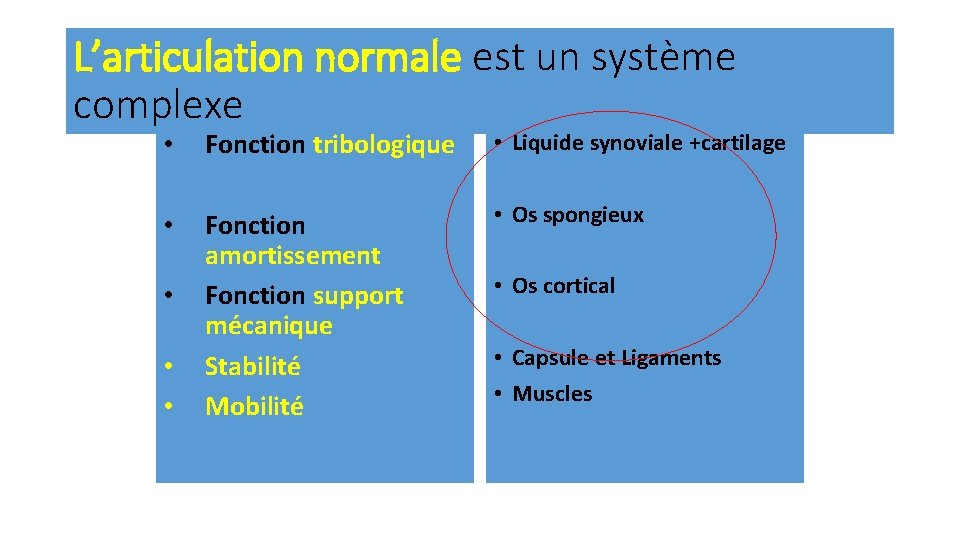 L’articulation normale est un système complexe • Fonction tribologique • Liquide synoviale +cartilage •