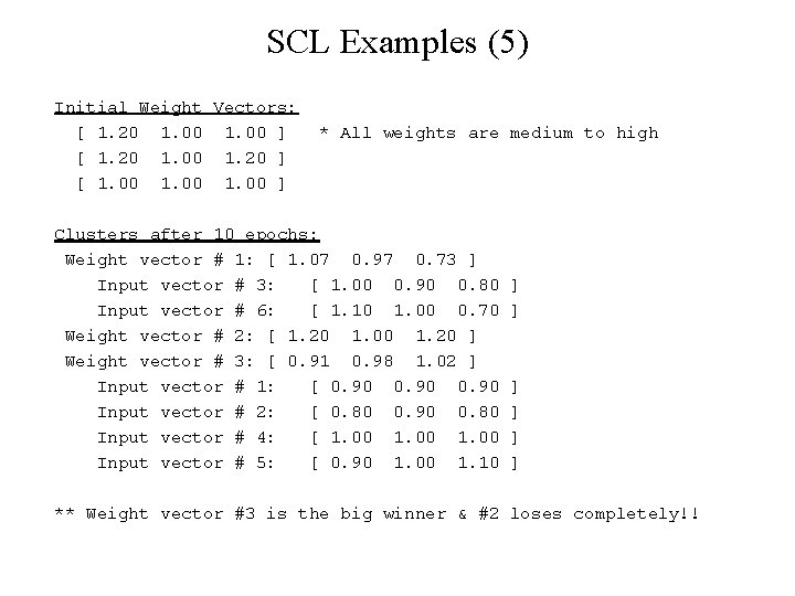 SCL Examples (5) Initial Weight Vectors: [ 1. 20 1. 00 ] [ 1.
