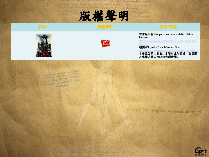 版權聲明 作品 授權條件 作者/來源 本作品來自Wikipedia commons Artist: Pablo Picasso http: //en. wikipedia. org/wiki/File: Dora_Maar_Au_ 版權聲明 作品 授權條件 作者/來源 本作品來自Wikipedia commons Artist: Pablo Picasso http: //en. wikipedia. org/wiki/File: Dora_Maar_Au_